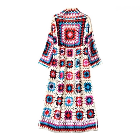 ❤️NWOT❤️ POL Long Crochet Granny Square Duster Cardigan Boho Multicolor One Size - Picture 7 of 7